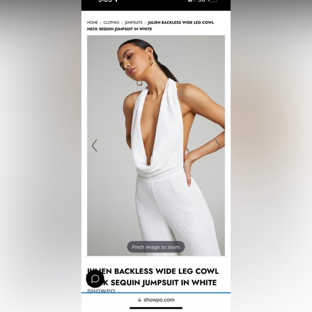 Showpo JULIEN BACKLESS WIDE LEG COWL NECK SEQUIN JUMPSUIT IN WHITE